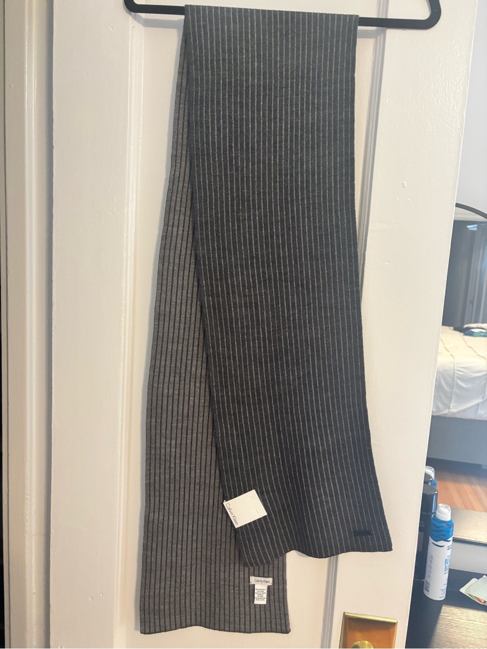 Calvin Klein Reversible Pinstripe Scarf in Charcoal and Heather Gray NWT